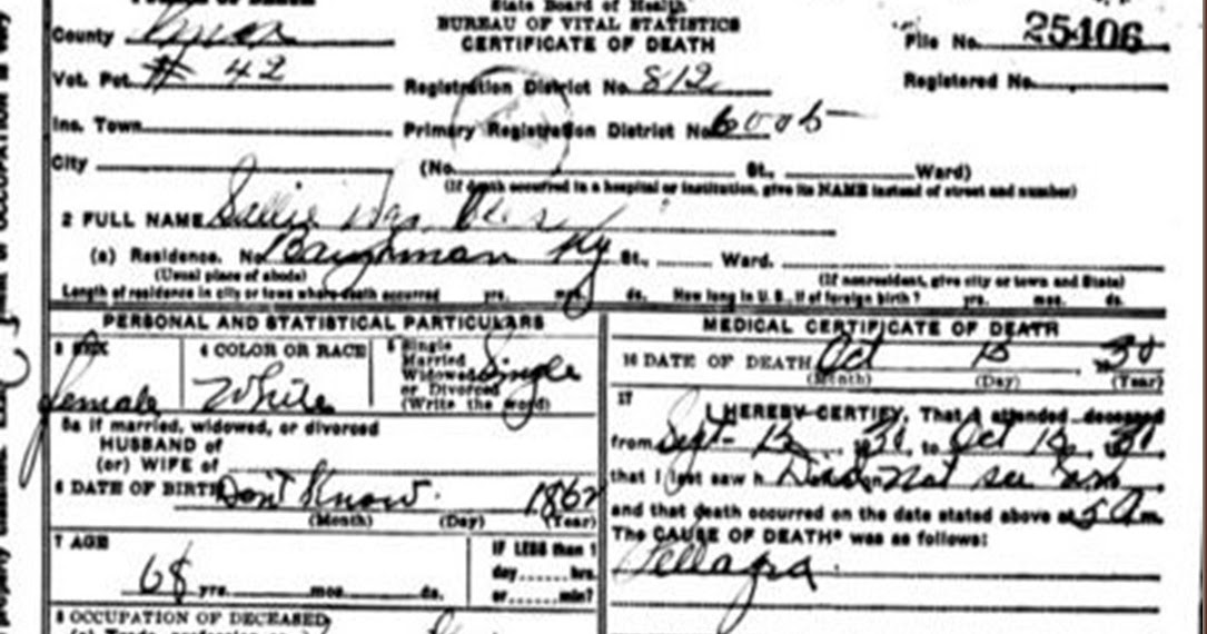 Benjamin Wagers Ancestors and Descendants Sallie Wombles Death Record